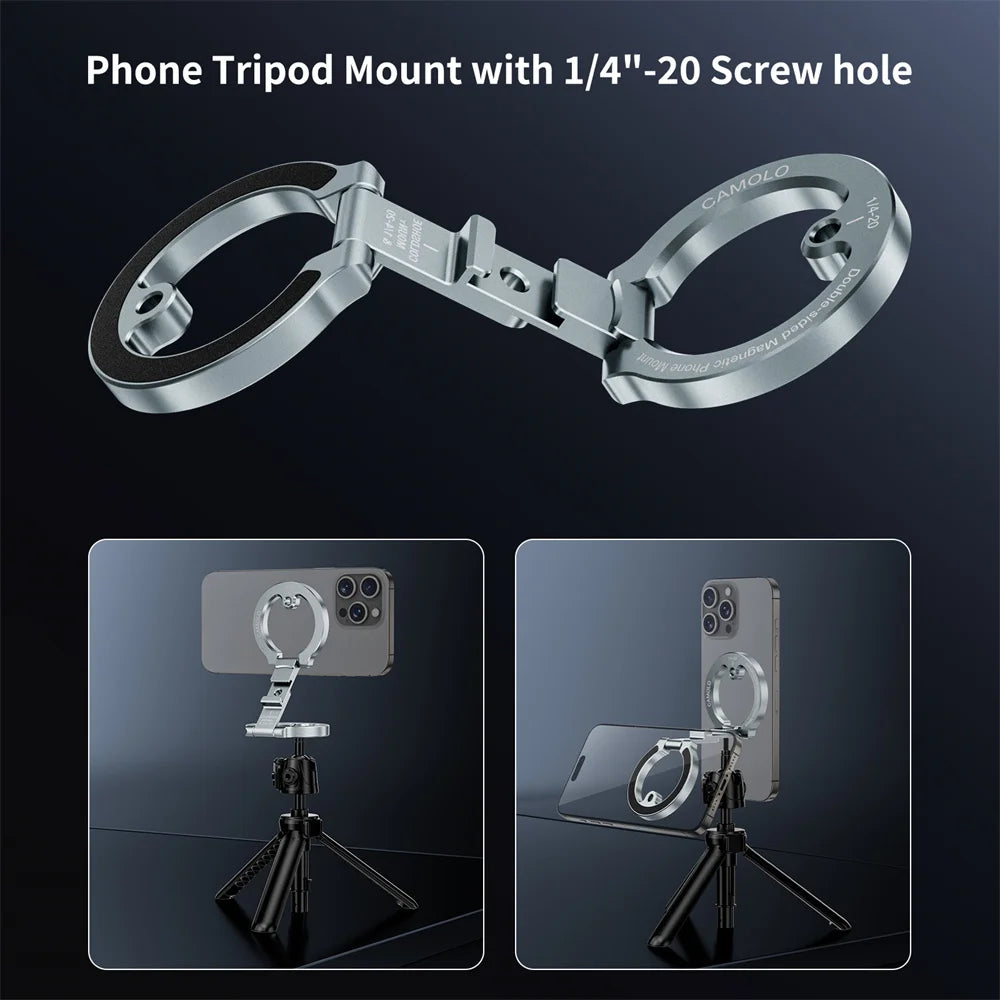 Dual-Sided Magnetic Phone Holder w 1/4" ColdShoe  For MagSafe iPhone 16 15 14 13 Android Tripod Gym Car Holder Phone Stand