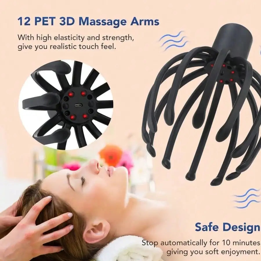 Electric Octopus-Shaped Scalp Massager, Hand-Free Head Scratcher For Relieving Hair Stimulation. Rechargeable And Stress Relief